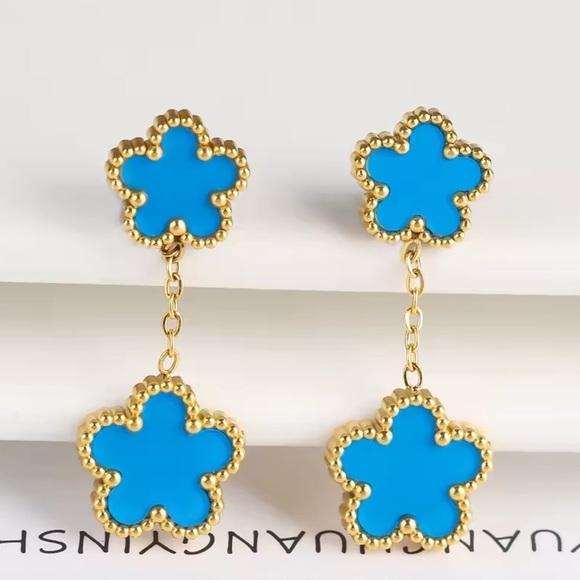 Alhambra Luck Four Clover Gold Blue Flower Stainless Steel Drop Earrings - Picture 1 of 6